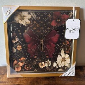 Luxury Designer Red and Gold Butterfly Floral Wall Art with Gold Frame 14x14”NWT